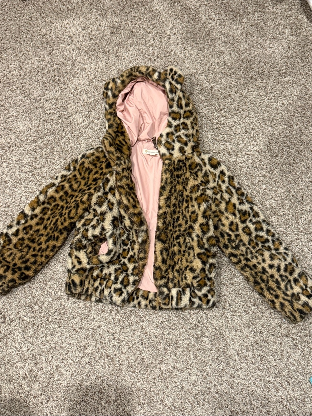 Tucker + Tate Girls' Leopard Faux-Fur Hooded Puffer with Pink Lining